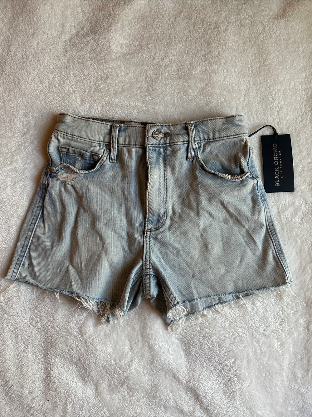 Black Orchid Light Blue Frayed Hem Denim Shorts